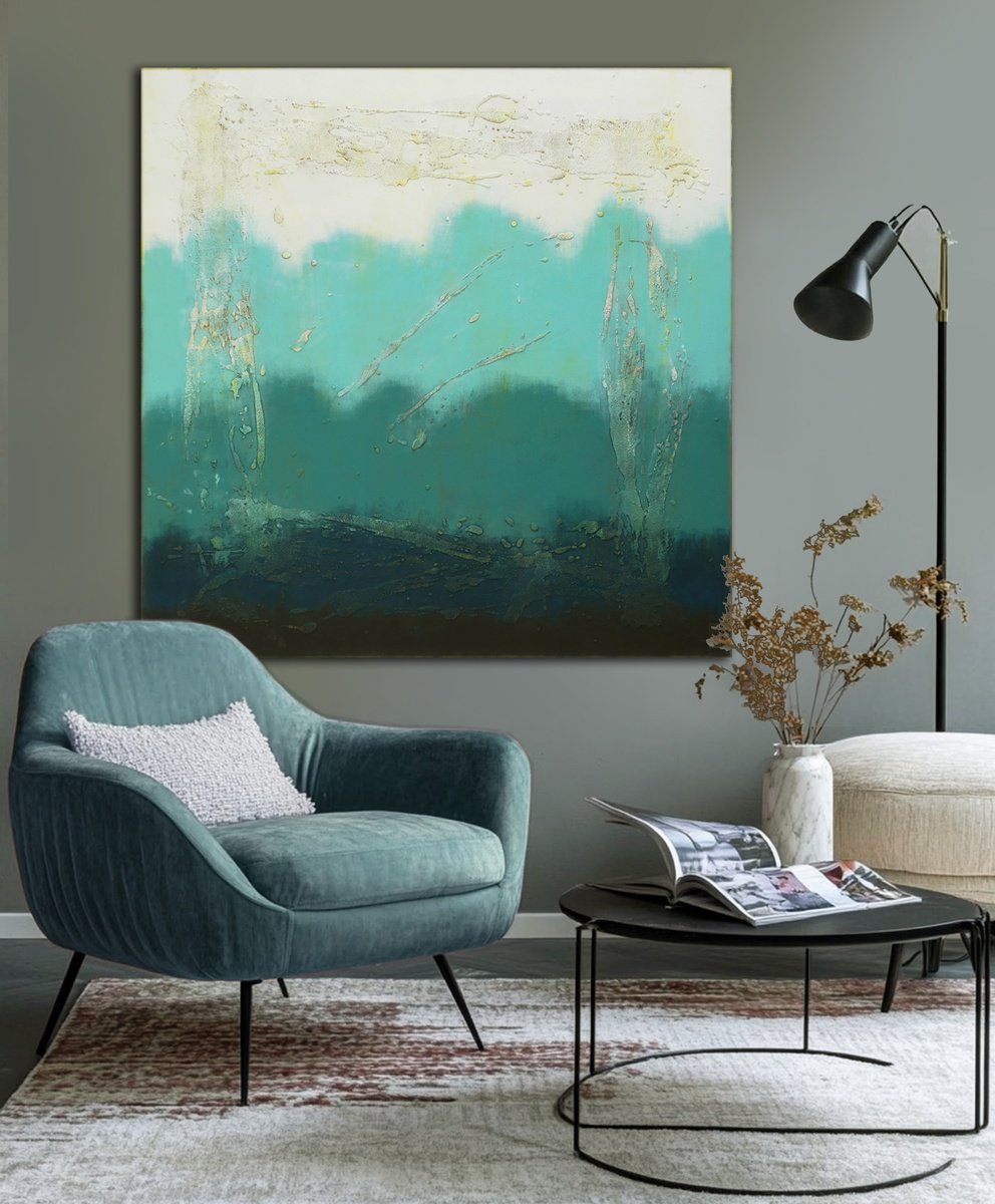 Abstract Landscape Acrylic Painting By Ronald Hunter, 47 X 47", Oceanic Square Blue, Original Artwork