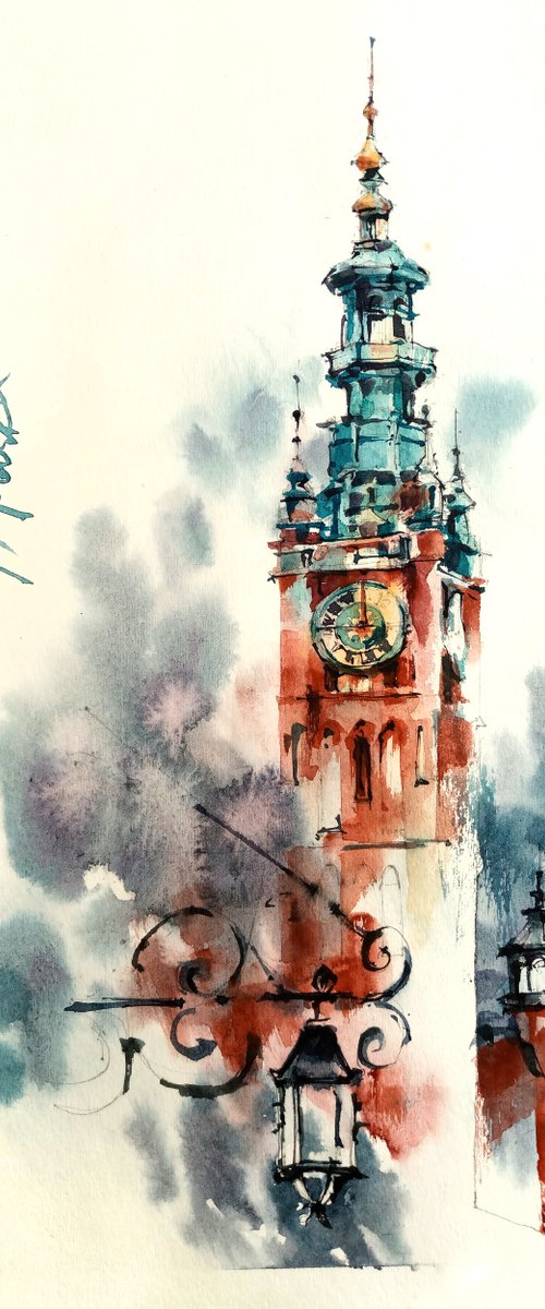 "Town Hall in Gdansk. Poland" architectural landscape - Original watercolor painting by Ksenia Selianko