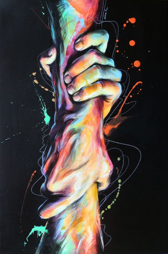 "Holding tight"  hands helping modern pop art abstract painting