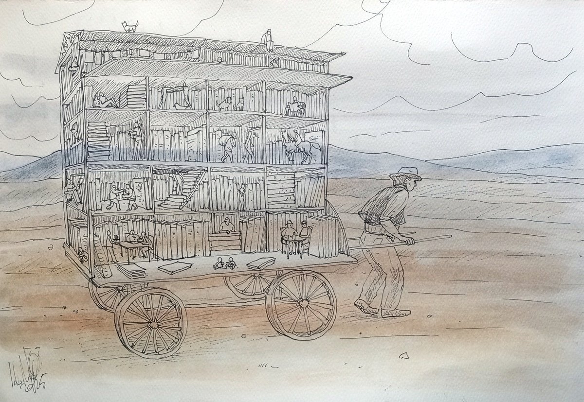 Illustrative Portrait Ink Drawing By Paolo Beneforti, 15 X 10", Travelling Library, Original Artwork