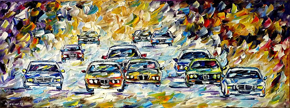Expressive Cityscapes Oil Painting By Mirek Kuzniar, 31 X 12", Touring Car Race, Original Artwork