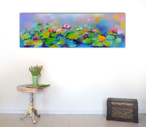 Water Lilies on the Pond - 120x40 cm, Palette Knife Modern Ready to Hang Floral Painting