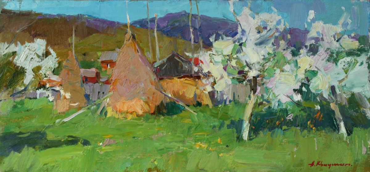 Impressionistic Landscape Oil Painting By Aleksandr Kryushyn, 20 X 10, May In The Village, Original Artwork