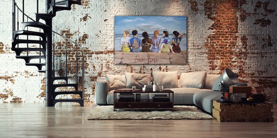 Pink Floyd. Oil painting with famous band.Women,girls.See,mountains and landscape. Sex girls
