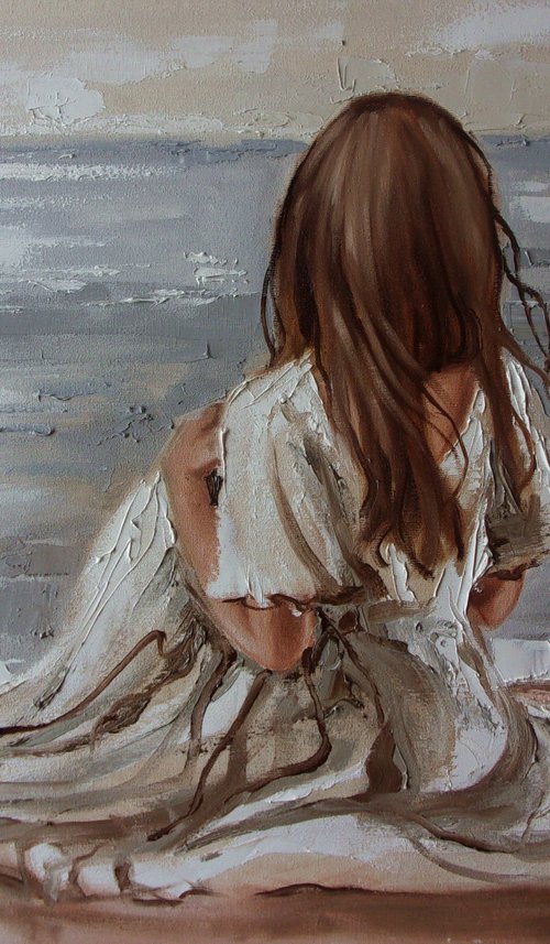 " THE BEACH ... " SUN SKY SEA SAND liGHt  ORIGINAL OIL PAINTING, GIFT, PALETTE KNIFE by Monika Luniak