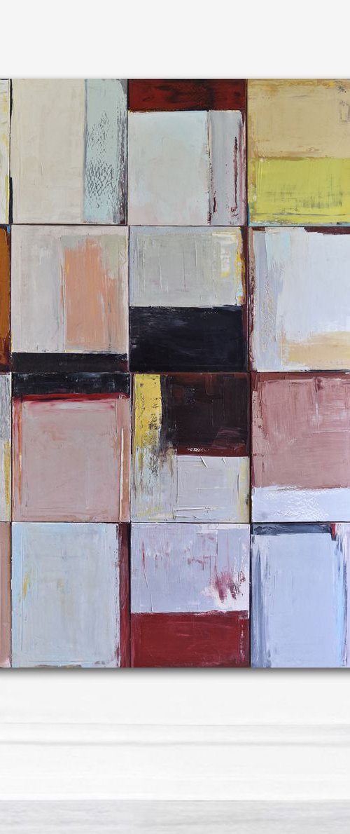 Oil painting, poliptych-20 parts, canvas art, stretched, "Play with me V". Size 78.7/ 78.7 inches (200/200cm) by Kariko ono