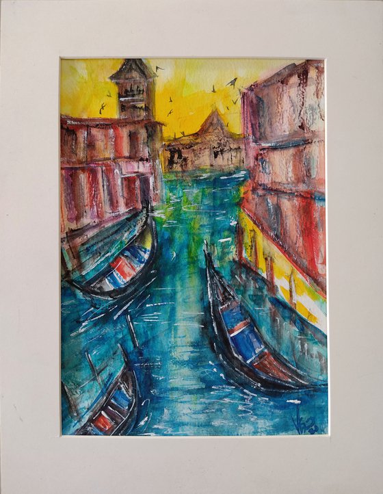 Sunrise in Venice, 2021 - Watercolour painting - Italy painting - gift art - gondola paintings