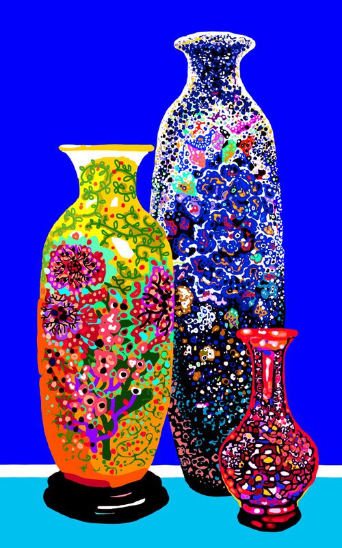 Three chinese vases/ Tres jarrones chinos (pop art, flowers) by Alejos