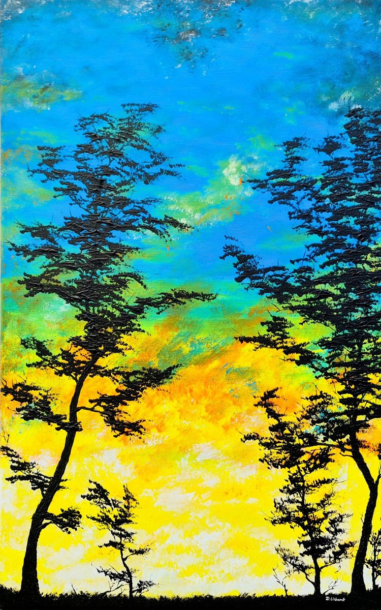 Impressionistic Landscape Acrylic Painting By Daniel Urbani?k, 20 X 31, Yellow Sunset, Original Artwork
