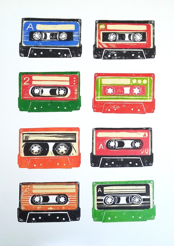 Linocut tapes #43 (cassette tapes, retro music, 70's, 80's rock culture)