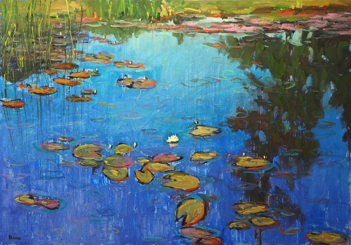 Impressionistic Landscape Oil Painting By Yuanyuan Liu, 31 X 24", Lotus Leaves, Original Artwork