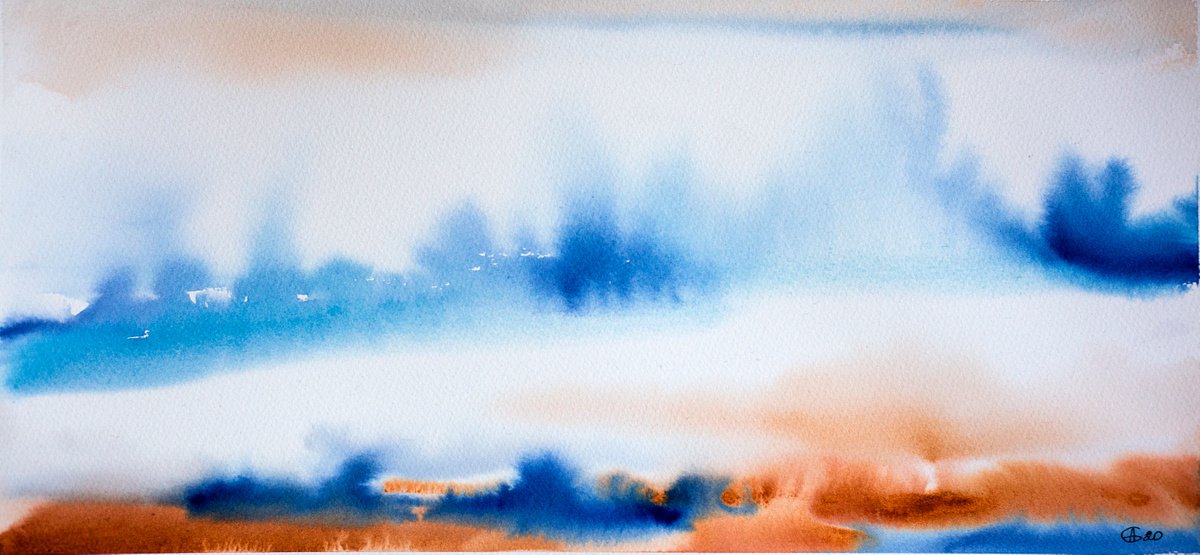 Abstraction landscape. Blue and orange. Cold and warm. Interior gallery wall white waterco... by Sasha Romm