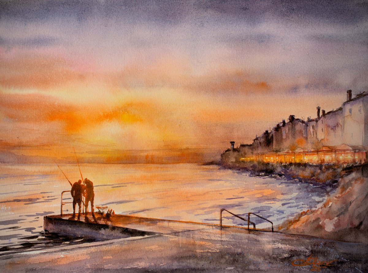 Impressionistic Cityscapes Watercolour By Eve Mazur, 16 X 12, Piran, Original Artwork