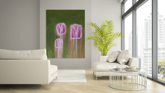 Magenta Tulips On Dark Green