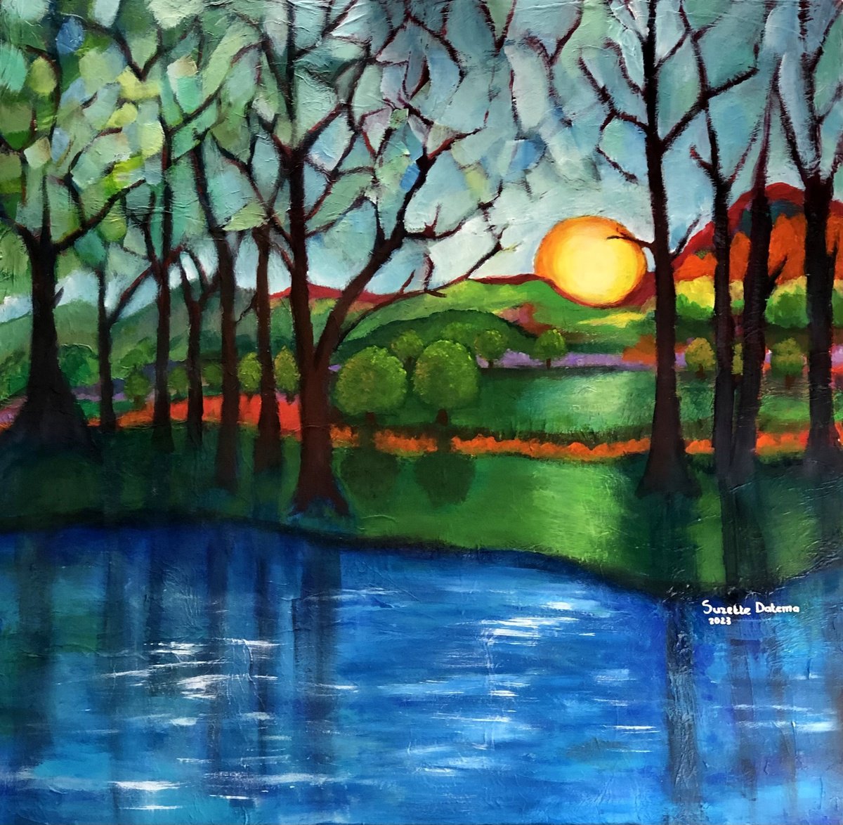 Naive Landscape Painting By Suzette Datema, 34 X 34", A Place Like This, Original Artwork