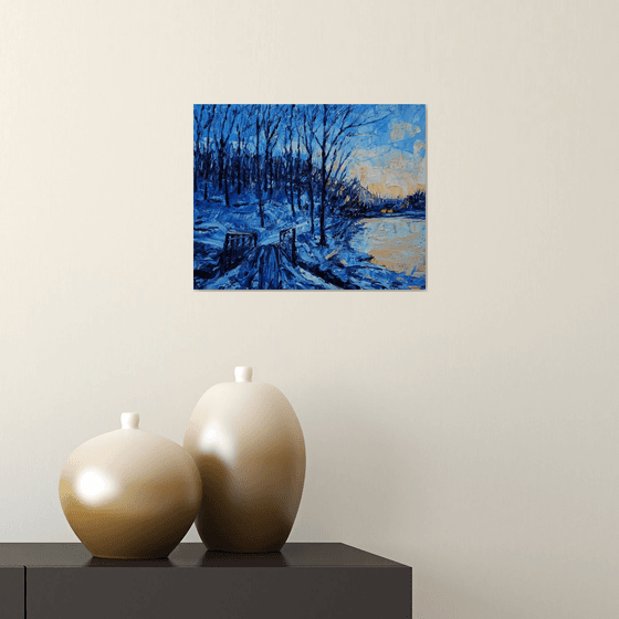 Christmas original oil painting on canvas, Winter twilight forest, snowy landscape, cozy hygge gift