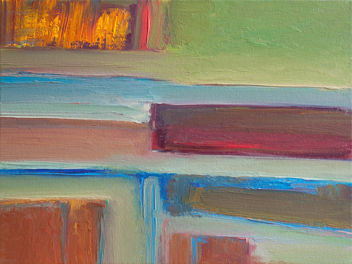 Abstract Landscape Oil Painting By Thomas Hjelm, 17 X 13", Green Sky At Dawn, Original Artwork