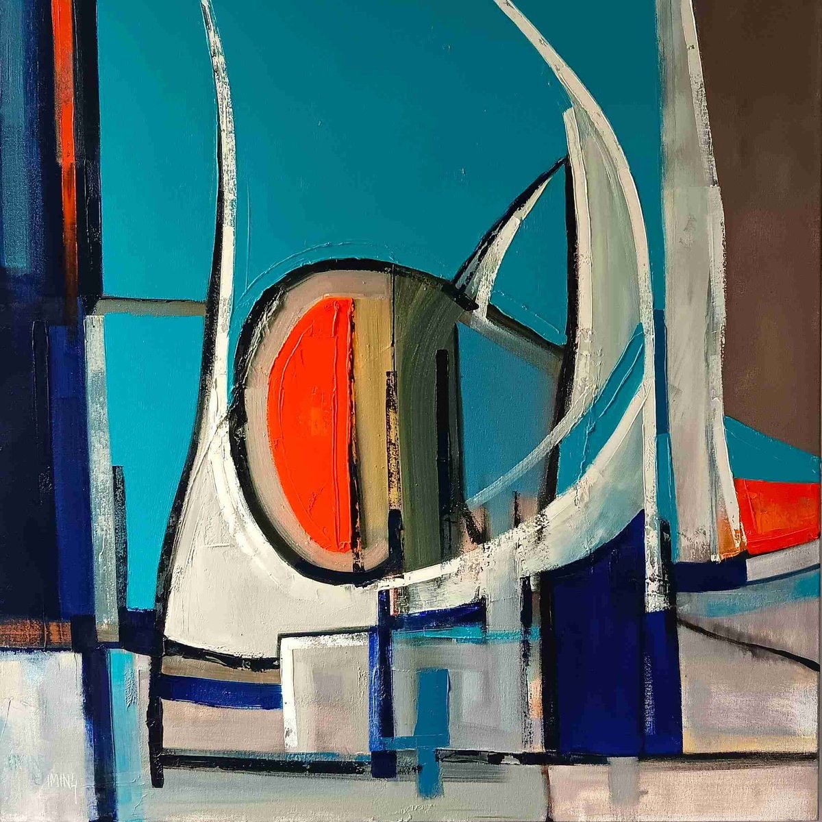 Geometric Landscape Oil Painting By Michael Hemming, 35 X 35", Caribbean Blue, Original Artwork