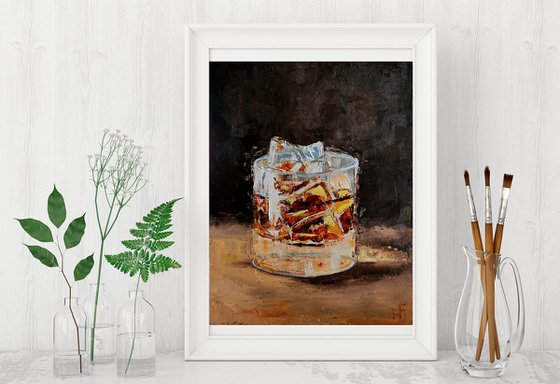 Glass of whiskey, Bourbon Painting Original Art Whiskey Ice Wall Art Cocktail Artwork