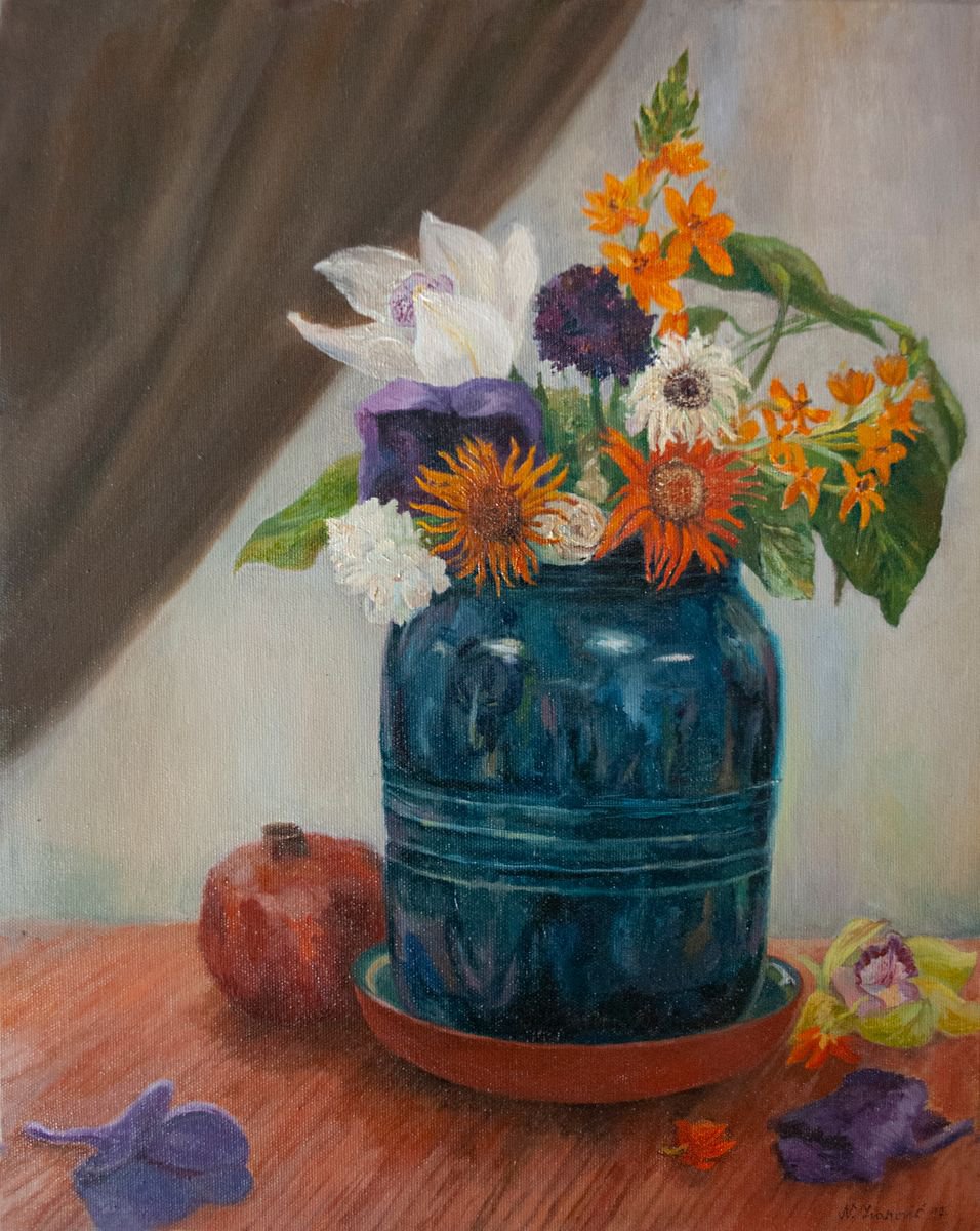 Still Life Oil Painting By Nikola Ivanovic, 16 X 20", Blue Vase, Original Artwork