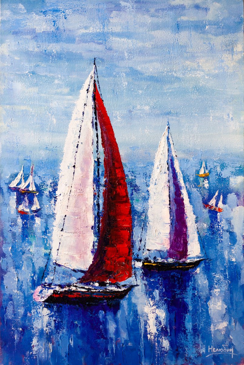 Impressionistic Landscape Oil Painting By Aleksandr Neliubin, 16 X 24, Yachts At Sea, Original Artwork