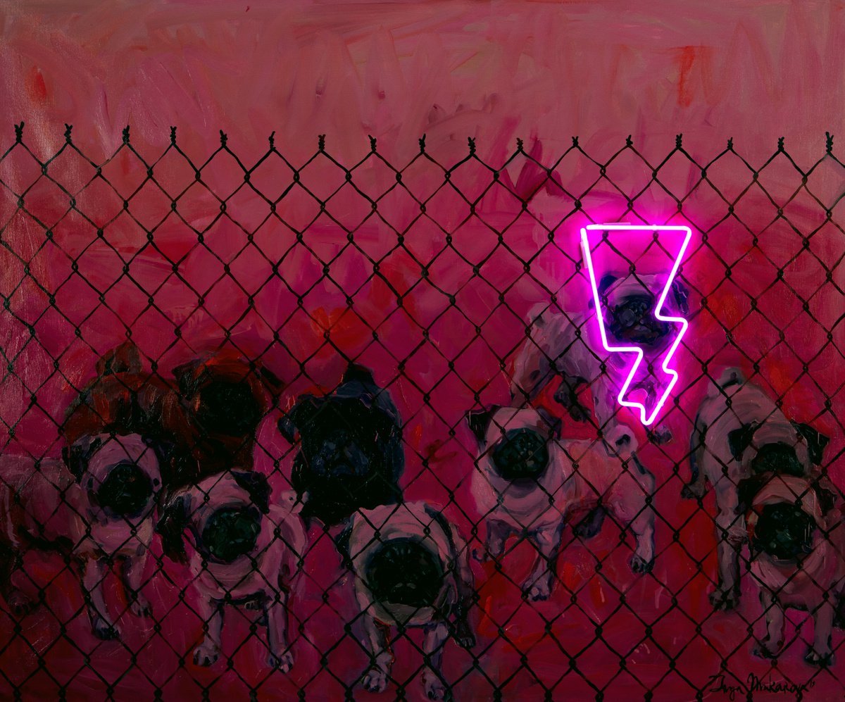 Urban And Pop Animal Oil Painting By Inga Makarova, 59 X 49, Guarded Territory, Original Artwork