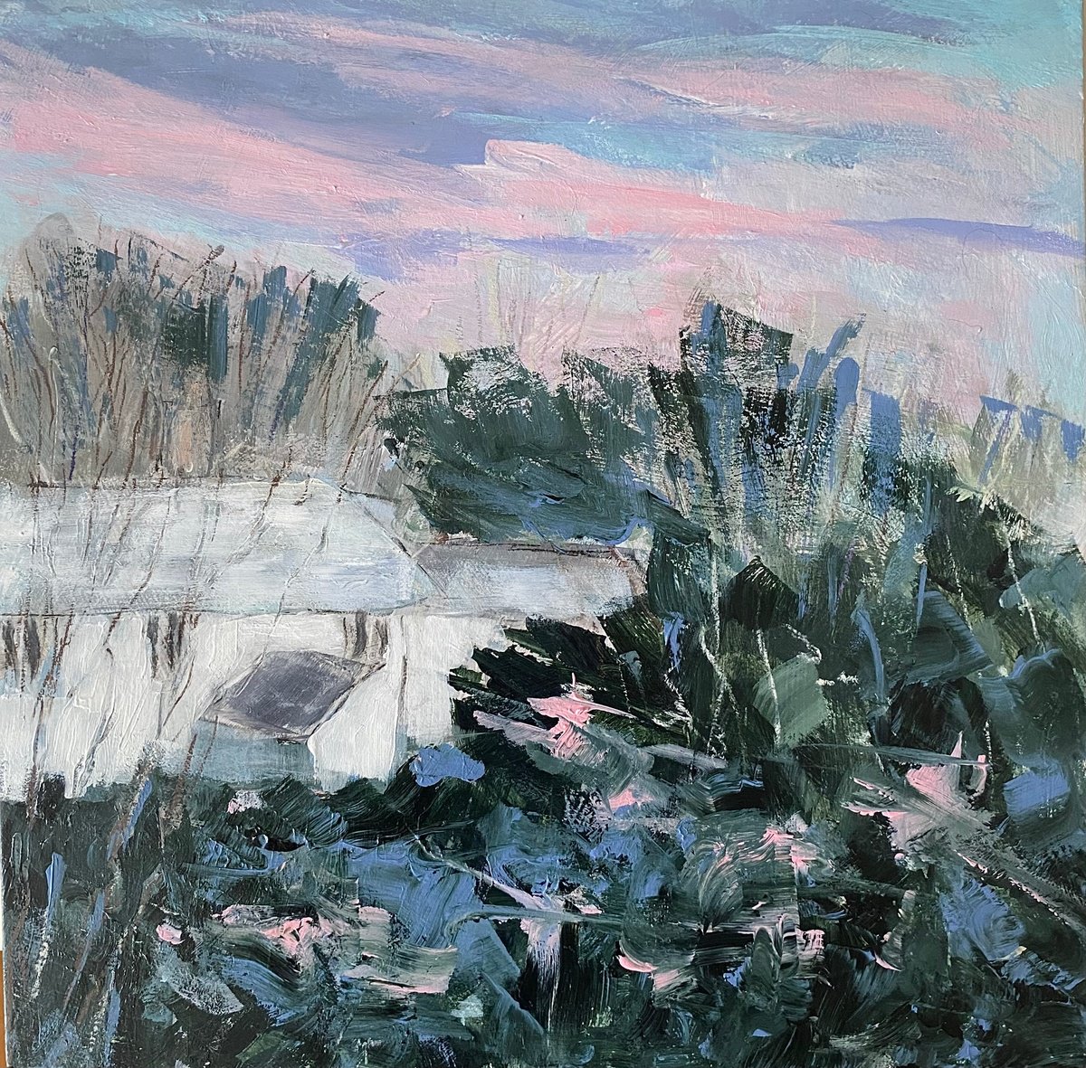 Expressive Landscape Acrylic Painting By Nikki Wheeler, 12 X 12", Frosty Fisherman