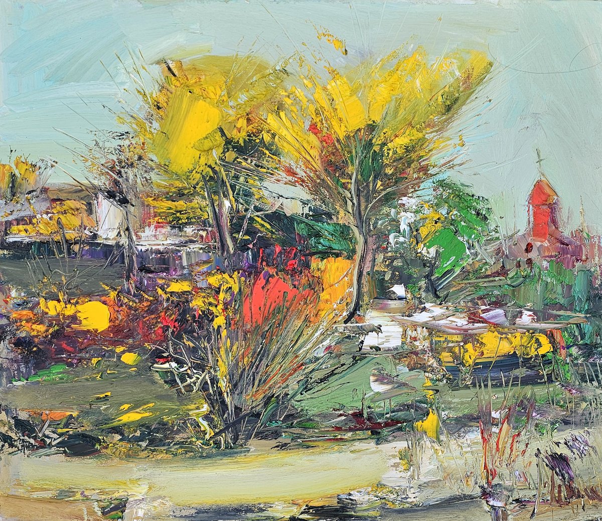 Impressionistic Landscape Oil Painting By Vlas Ayvazyan, 28 X 24", Rural Vibrant Impressions, Original Artwork