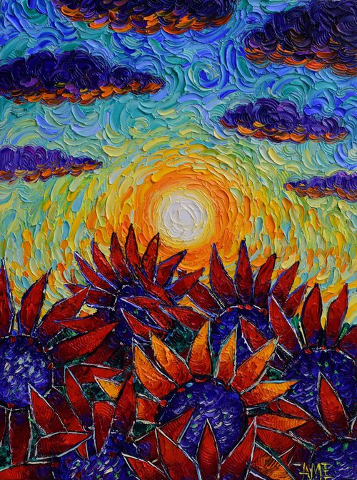 RED SUNFLOWERS - PROVENCE SUNSET impasto palette knife oil painting textured impressionism Ana Maria Edulescu by ANA MARIA EDULESCU