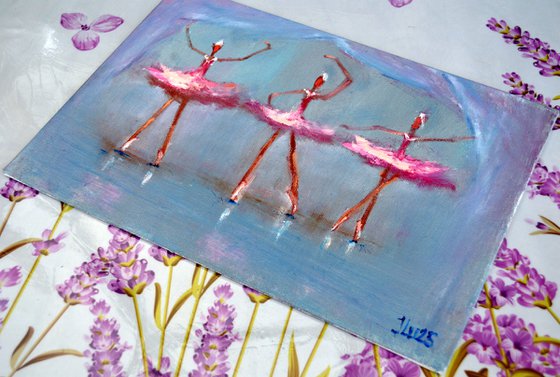 Funny pink ballerinas. Miniature  impasto oil