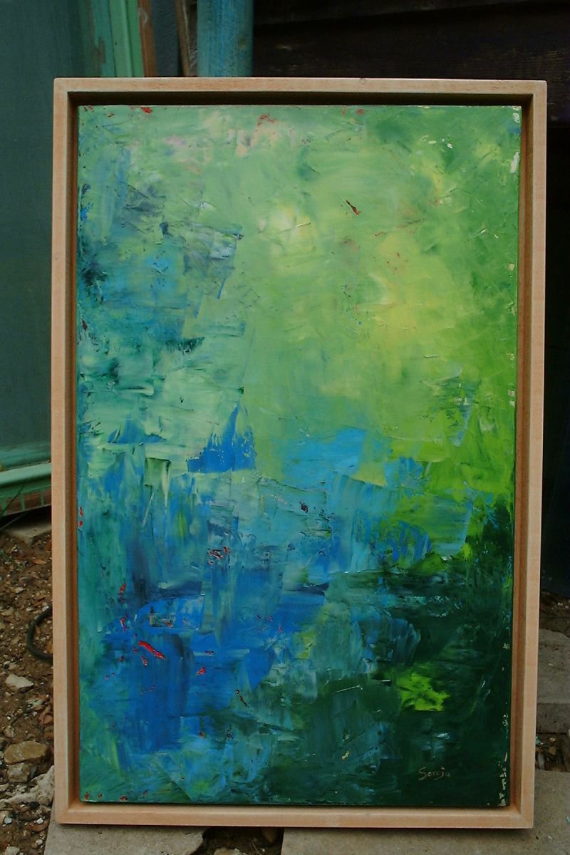 Abstract Landscape Oil Painting By Saroja Van Der Stegen, 17 X 26", Underwater (Ref#:459-12M), Original Artwork