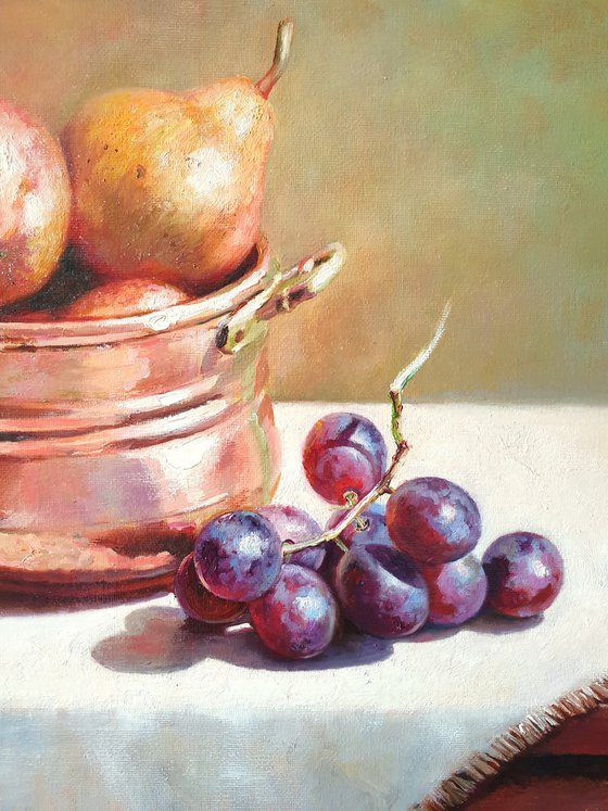 "Still life with grapes and pears in a small old French saucepan." still life grapes pears summer  liGHt original painting  GIFT (2020)