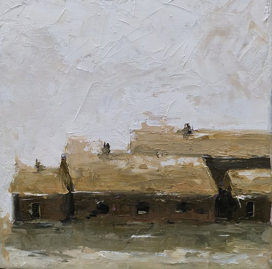 Old farm. Small oil painting on can as