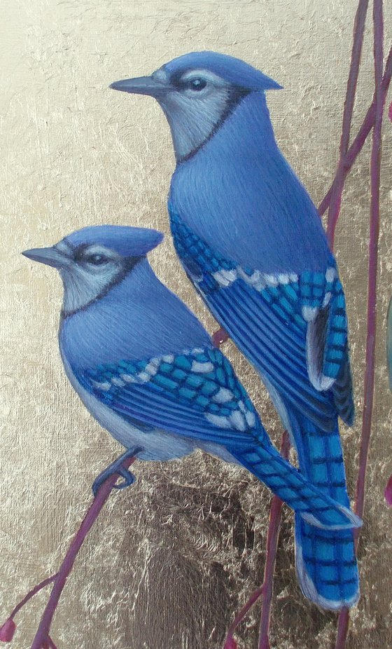 bird painting "Blue jays on the branches of a flowering tree"