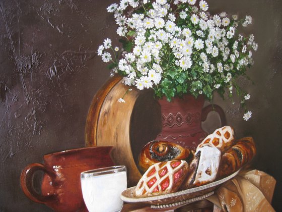 Rural still life, Pastries and White flowers