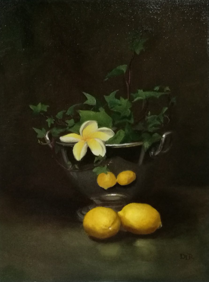 Impressionistic Botanical Oil Painting By Daniela Roughsedge, 14 X 18, Still Life With Lemons, Original Artwork