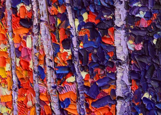 ASPEN FOREST GLADE AT SUNRISE birches trees palette knife landscape modern impressionist oil painting