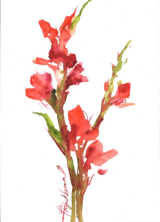 RED GLADIOLUS. RED FLOWERS. WATERCOLOR PAINTING