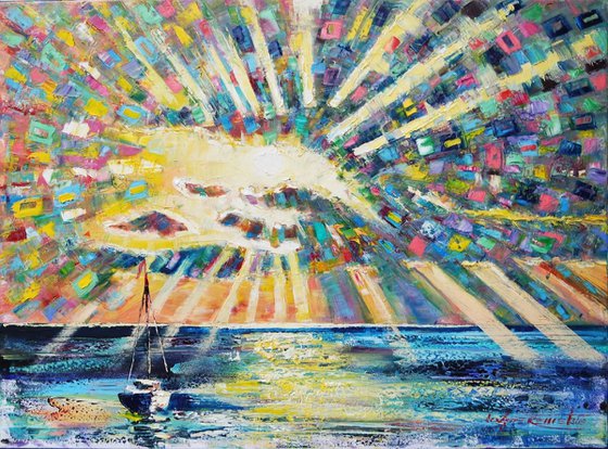 Sunset Sky over Sea in Expressive Impressionist Style, Original Oil Painting, Sky and Clouds Painting with Sun Rays, Textured Oil Painting with Gestural Brushwork