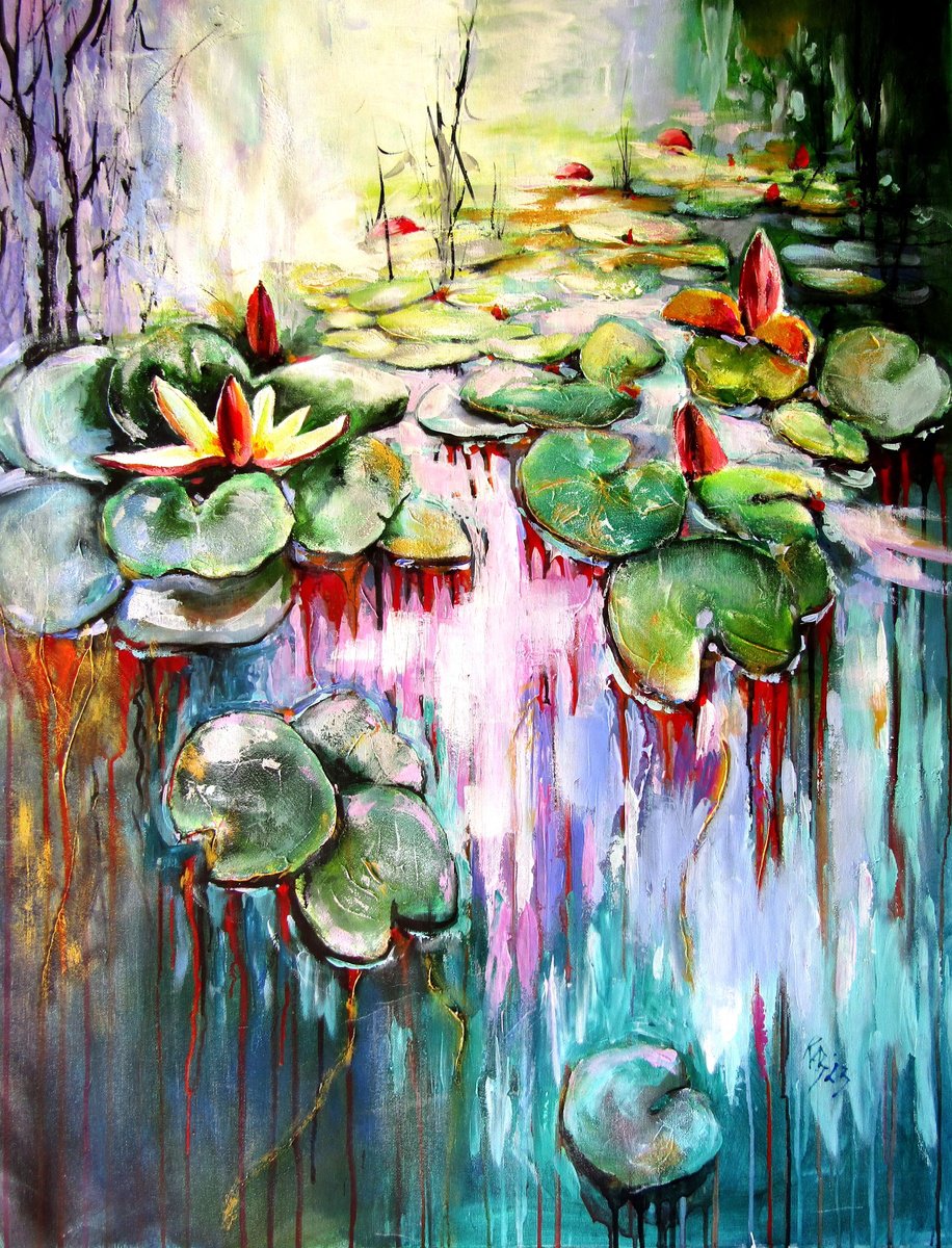 Water mirror and water lilies with gold II by Kovacs Anna Brigitta
