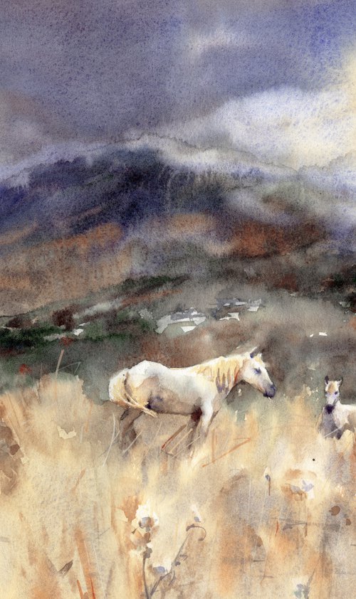 White horses in the grass, watercolor landscape, Crete, Greece by Yulia Evsyukova
