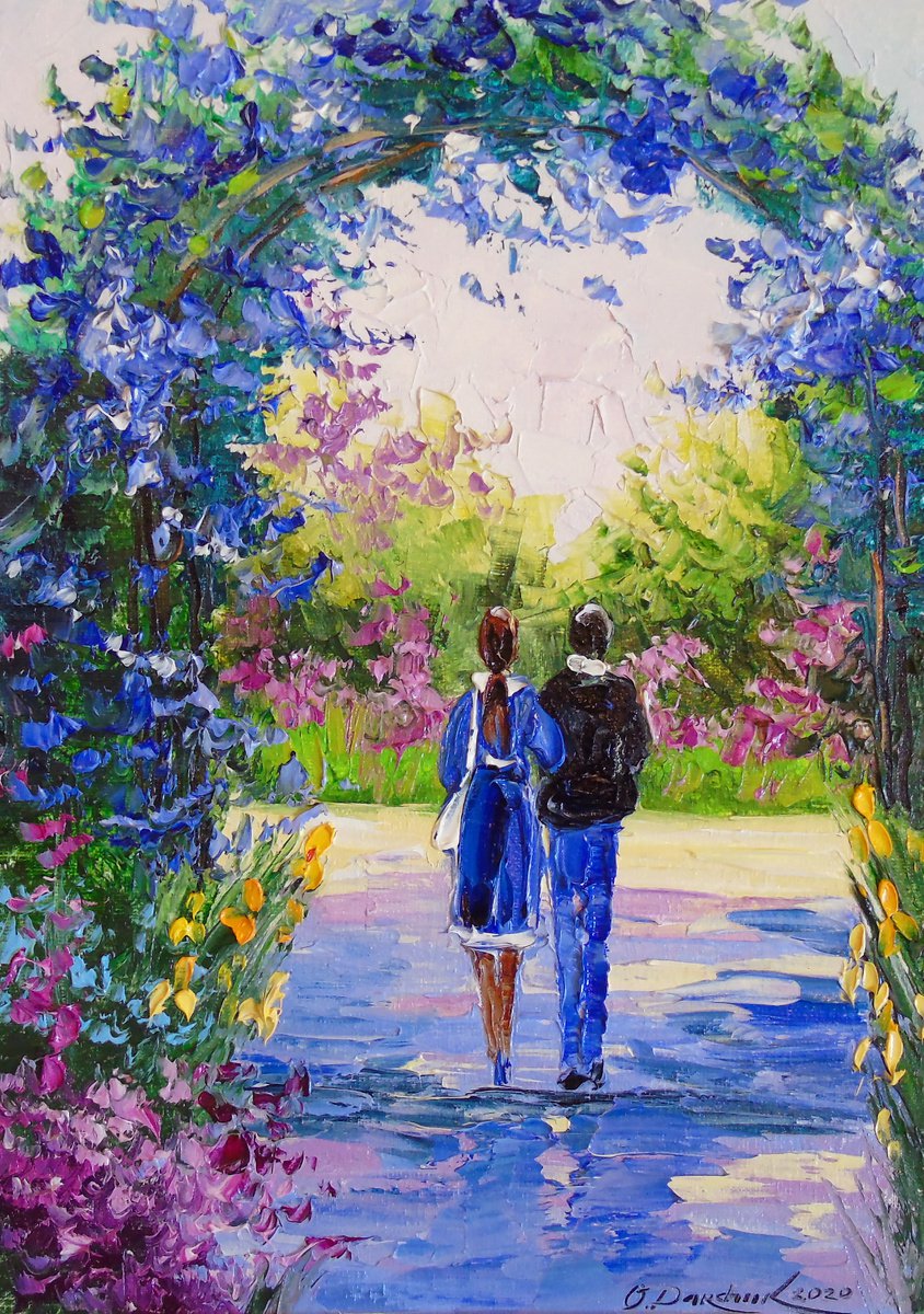Impressionistic Landscape Oil Painting By Olha Darchuk, 10 X 14", Romantic Walk In The Garden, Original Artwork