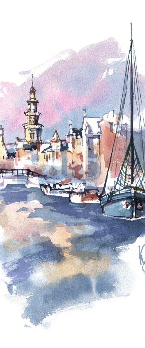 Winter city landscape "Embankment of sleeping ships" original watercolor painting by Ksenia Selianko