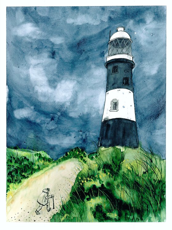 Landscape watercolor painting - Lighthouse and thunderstorm sky mixed media artwork - Gift idea for him     Gift idea