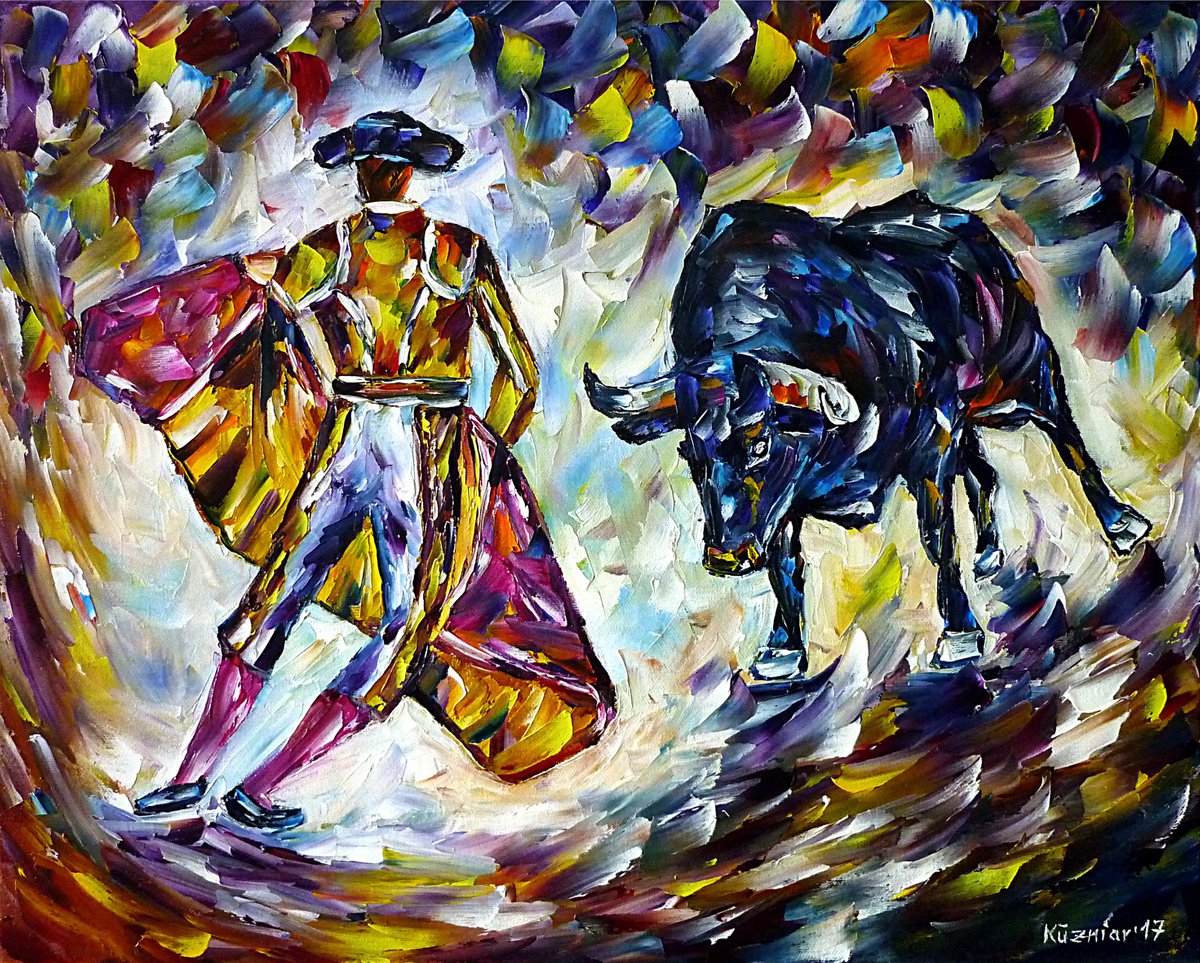 Expressive Animal Oil Painting By Mirek Kuzniar, 20 X 16", Bullfight, Original Artwork