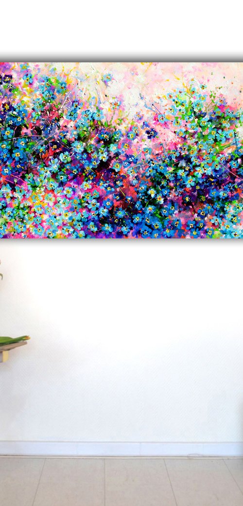 Forget me not flower field at sunrise by Soos Roxana Gabriela