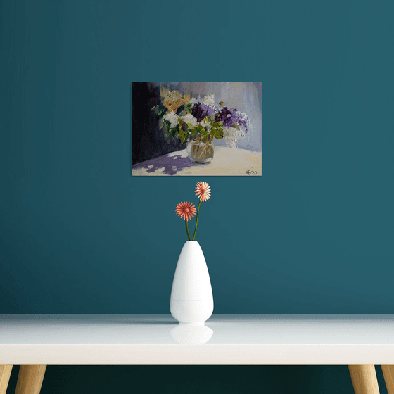 Lilac. Original oil painting. Small impression purple interior detail spring summer