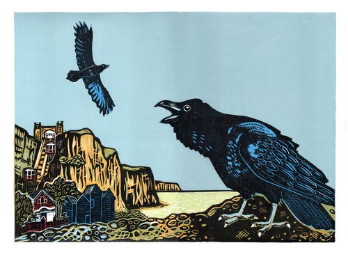 Ravens at Rock-a-Nore, Hastings, East Sussex. Limited Edition linocut by Fiona Horan