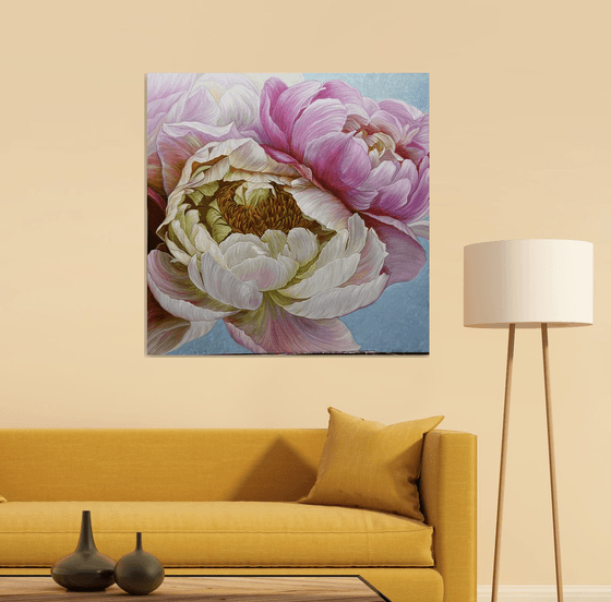 A pair of peonies in a delicate color