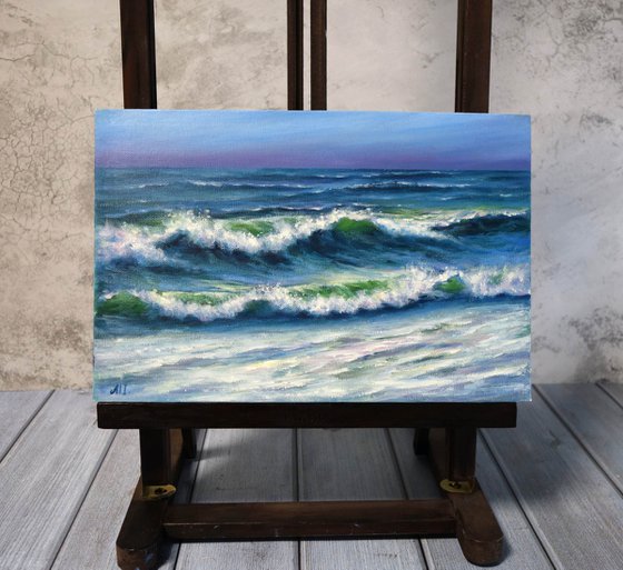 Ocean wave mini canvas painting 4×4 inches with mini easel